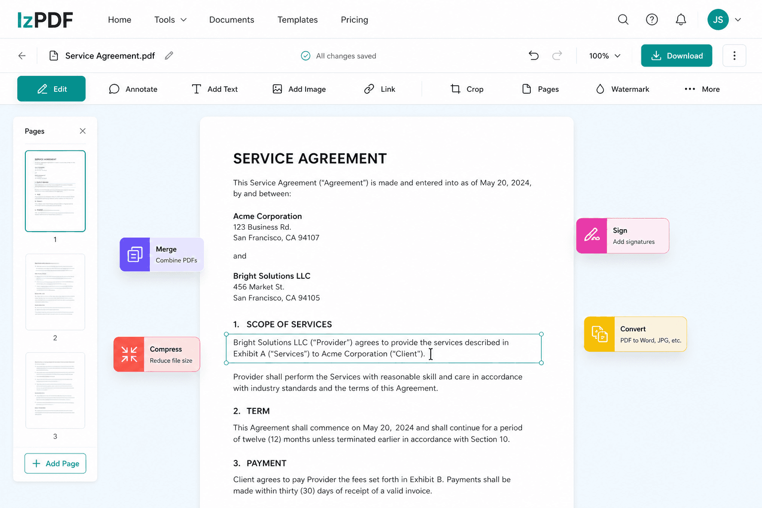 IzPDF edit workspace with colorful PDF tools